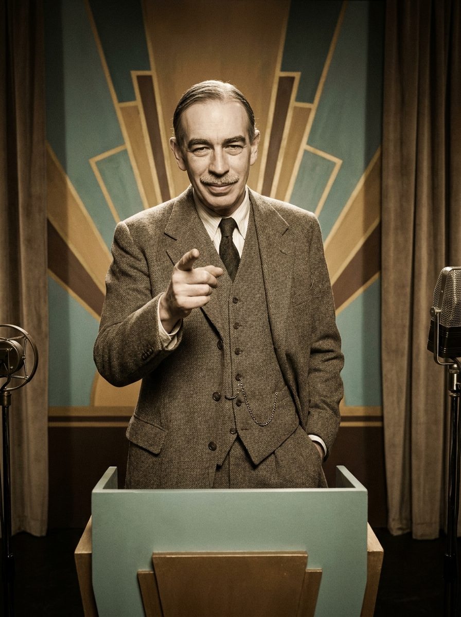 A 1930s economist as a quiz show host, pointing at you